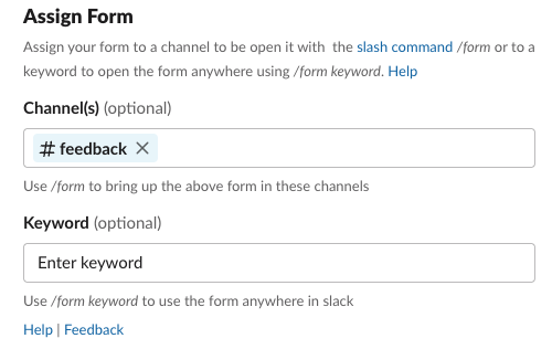 slack forms assign form to channel